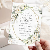 Elegante pastel witte rozen eucalyptus bruiloft save the date