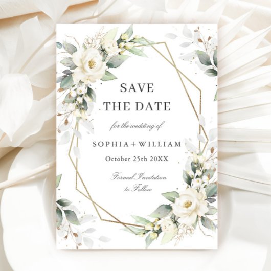 Elegante pastel witte rozen eucalyptus bruiloft save the date