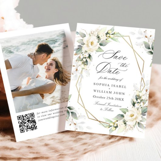 Elegante pastel witte rozen eucalyptus bruiloft save the date