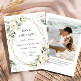 Elegante pastel witte rozen eucalyptus bruiloft save the date