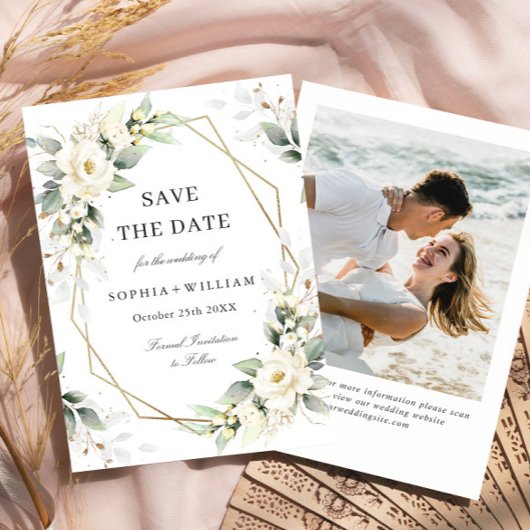 Elegante pastel witte rozen eucalyptus bruiloft save the date