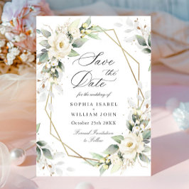 Elegante pastel witte rozen eucalyptus bruiloft save the date