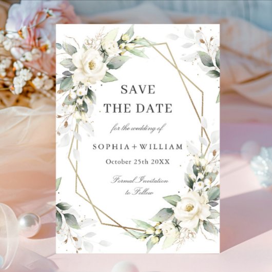 Elegante pastel witte rozen eucalyptus bruiloft save the date