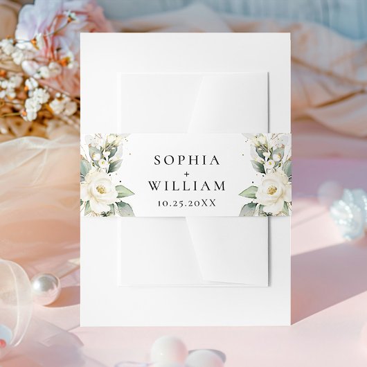 Elegante pastel witte rozen eucalyptus bruiloft uitnodigingen wikkel