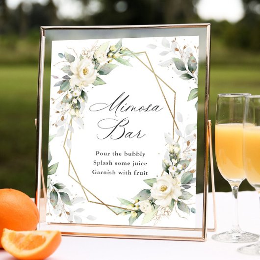 Elegante Pastel Witte Rozen Eucalyptus Mimosa Bar Poster