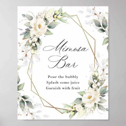 Elegante Pastel Witte Rozen Eucalyptus Mimosa Bar Poster (Voorkant)