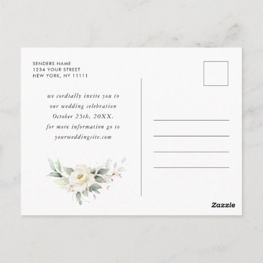 Elegante Pastel Witte Rozen Trouwen Save the Date Briefkaart (Achterkant)