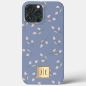 Elegante pastelblauwe bloem glanzend gouden monogr Case-Mate iPhone case (Achterkant)