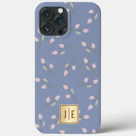 Elegante pastelblauwe bloem glanzend gouden monogr Case-Mate iPhone case (Achterkant)