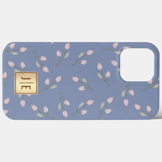 Elegante pastelblauwe bloem glanzend gouden monogr Case-Mate iPhone case (Achterkant (horizontaal))