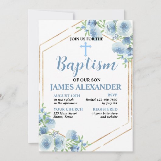 Elegante Pastelblauwe Bloemendoop Uitnodiging (Voorkant)