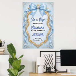 Elegante Pastelblauwe Strik Jongens Baby Shower Poster