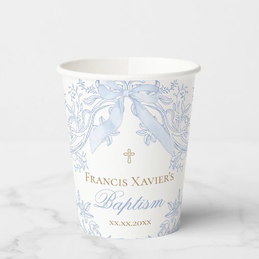 elegante pastelblauwe strikontwerp Doop Papieren Bekers (Links)