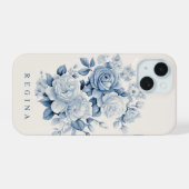 Elegante pastelblauwe Waterverf Rozen gepersonalis iPhone 15 Case (Achterkant horizontaal)