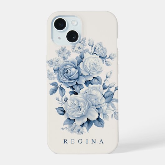 Elegante pastelblauwe Waterverf Rozen gepersonalis iPhone 15 Case (Achterkant)