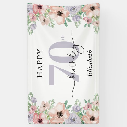 Elegante pastelbloem 70ste verjaardagsfeest spandoek (Verticaal)