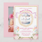 Elegante pastelcarrousel eerste verjaardag uitnodi kaart (Voorkant / Achterkant)