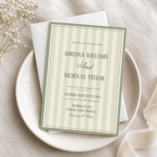Elegante Pastelgroene Gestreepte Bruiloft Kaart