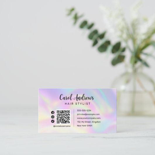 Elegante pastelholografische Haarstylist QR-code Visitekaartje (Staand voorkant)