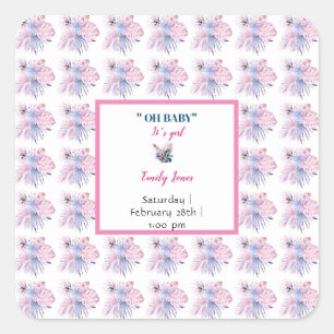 Elegante pastelkleur roze tropisch oh baby shower vierkante sticker