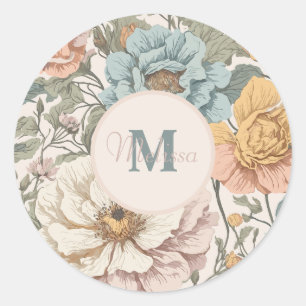 Elegante pastelkleuren  bloemmonogram ronde sticker