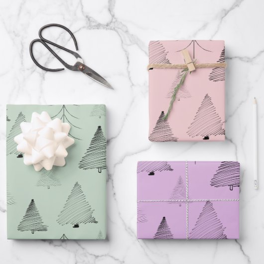Elegante Pastelkleuren Handgetekende Kerstbomen Inpakpapier Vel (Voorkant)