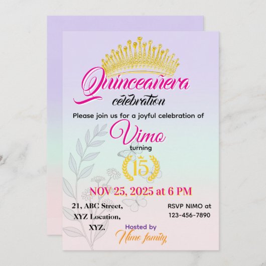 Elegante Pastelkleurige Bloemige Quinceañera Uitno Kaart (Voorkant / Achterkant)