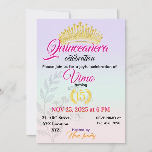 Elegante Pastelkleurige Botanische Quinceañera Uit Kaart (Voorkant)