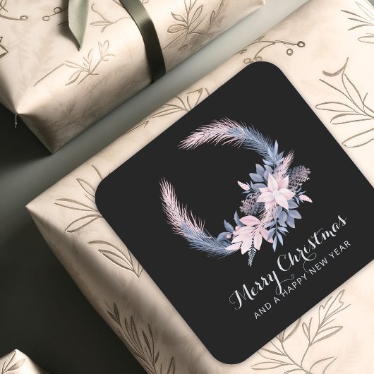 Elegante Pastelkleurige Krans Kerst Botanisch Loof Vierkante Sticker