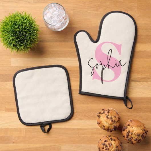 Elegante Pastelmonogram Oven Mitt & Pot Houder Set (Top down)