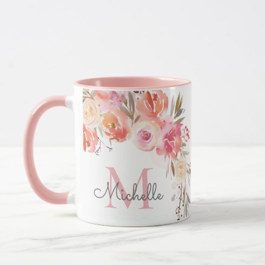 Elegante Pastelperzik Roze Rose Bloemen Monogramme Mok (Links)