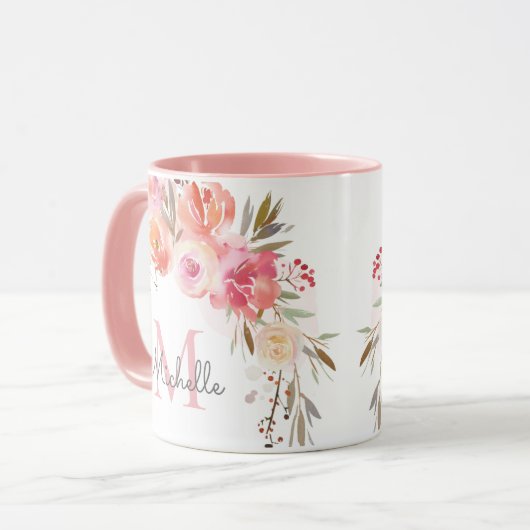Elegante Pastelperzik Roze Rose Bloemen Monogramme Mok (Voorkant links)