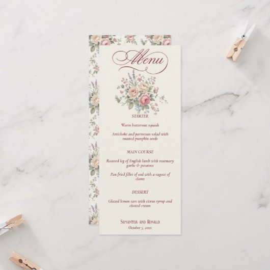 Elegante Pastelrozen Shabby Chic Trouwmenu Kaart (Voorkant / Achterkant in situ)
