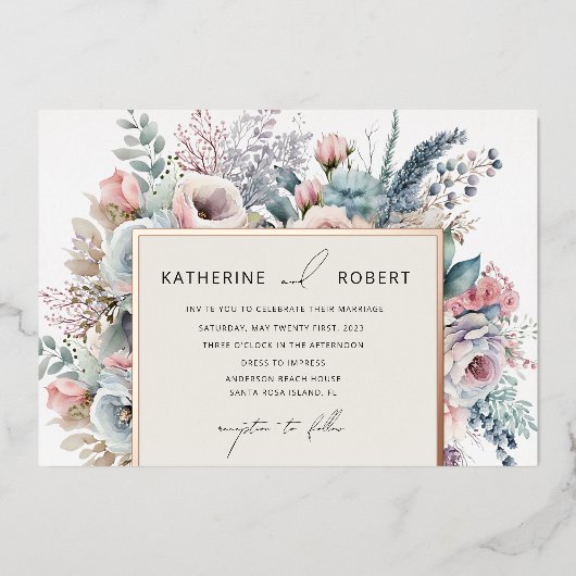 Elegante pasteltuin bloemenbruiloft folie uitnodiging (Voorkant)