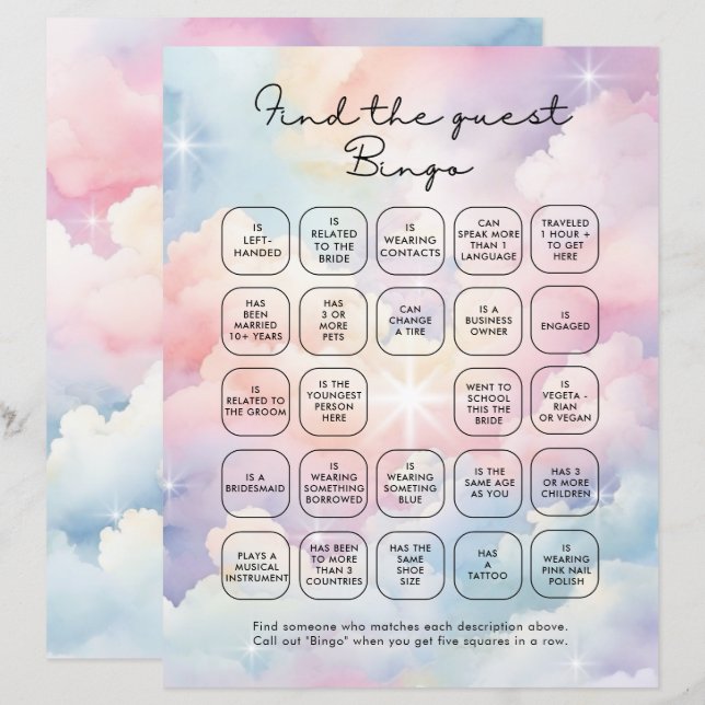 Elegante pastelwolken Vind de gast Bingo (Voorkant / Achterkant)