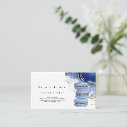 elegante Patisserie Chef blauw marmer Macaron ontw Visitekaartje (Staand voorkant)