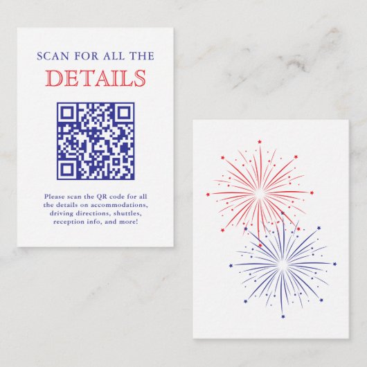 Elegante Patriotische Vuurwerk Huwelijksdetail QR- Informatiekaartje (Voorkant / Achterkant)