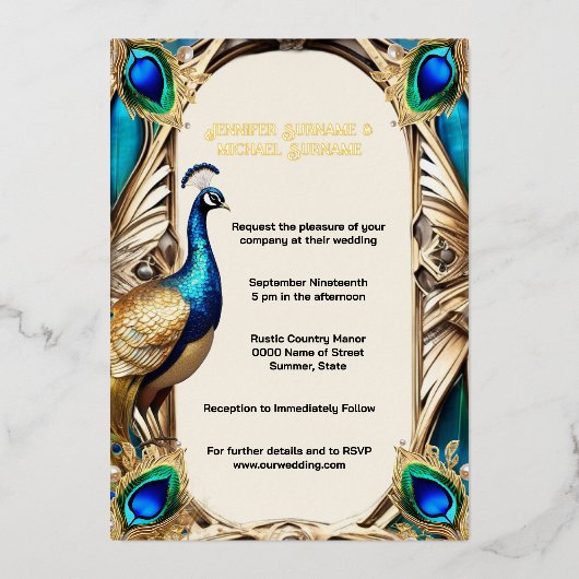 Elegante pauw blauw gouden veren 3D echt Folie Uitnodiging (Voorkant)