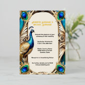 Elegante pauw blauw gouden veren 3D echt Folie Uitnodiging (Staand Voorkant)