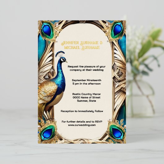 Elegante pauw blauw gouden veren 3D echt Folie Uitnodiging (Staand Voorkant)