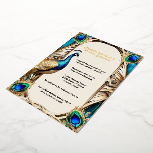 Elegante pauw blauw gouden veren 3D echt Folie Uitnodiging (Gedraaid)