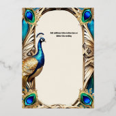 Elegante pauw blauw gouden veren 3D echt Folie Uitnodiging (Achterkant)