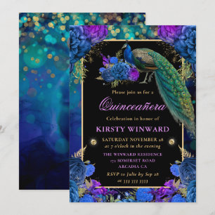 Elegante Pauw & Blauwe Bloemige Quinceanera Kaart