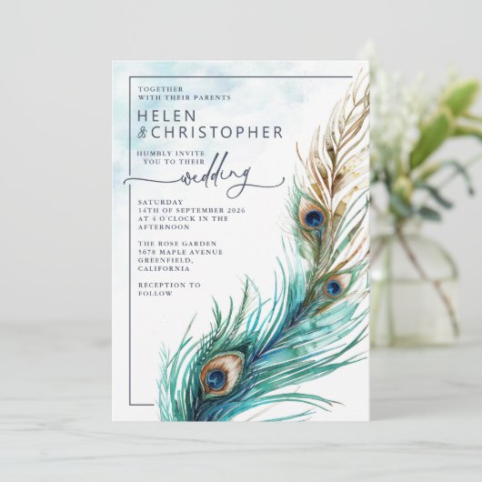 Elegante pauw & Blauwgroen - Uitnodiging voor een  (Staand voorkant)
