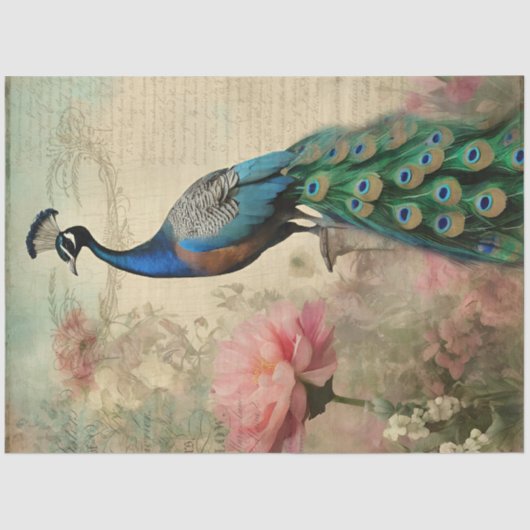 Elegante Pauw Bloemen Franse Ephemera Decoupage Tissuepapier (Voorkant)