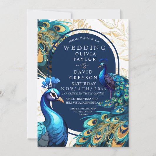 Elegante Pauw Gouden Veren Flora Bruiloft  Kaart (Voorkant)
