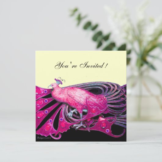 ELEGANTE PAUW IN FUCHSIA, ROZE, ZWART EN GOUD KAART (Staand voorkant)