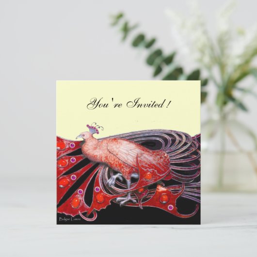 ELEGANTE PAUW IN ROOD ZWART EN GOUD Metaalachtig Kaart (Staand voorkant)