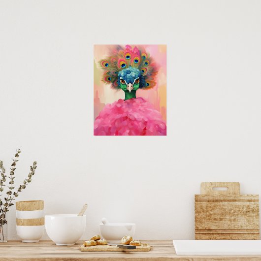Elegante pauw in roze bont dierlijke Mode kunst Poster (Keuken)