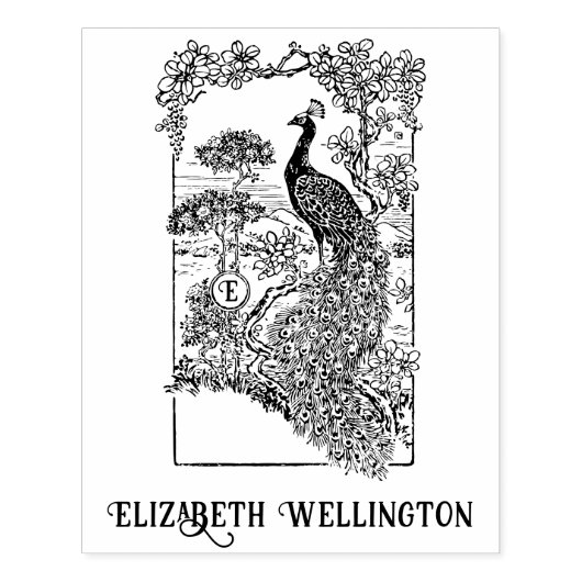 Elegante Pauw in Tuin Naam Initiaal Rubberstempel (Afrduk)